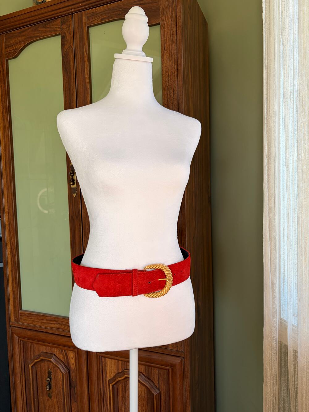 Vintage Red Suede Belt 38” Gold Rope Buckle Statement Western 80s 90s